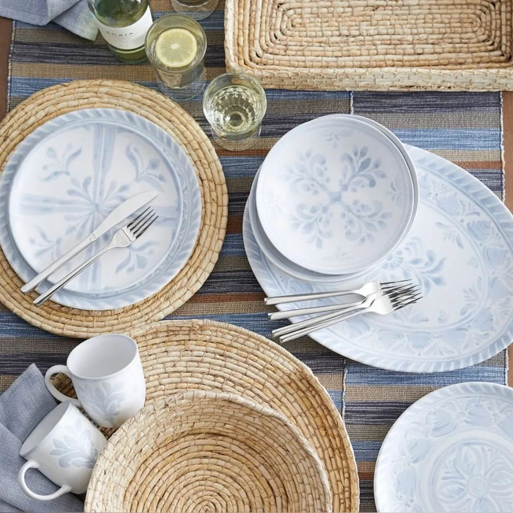 Pottery Barn Chambray Tile Stoneware Soup Bowls Blue and White 8